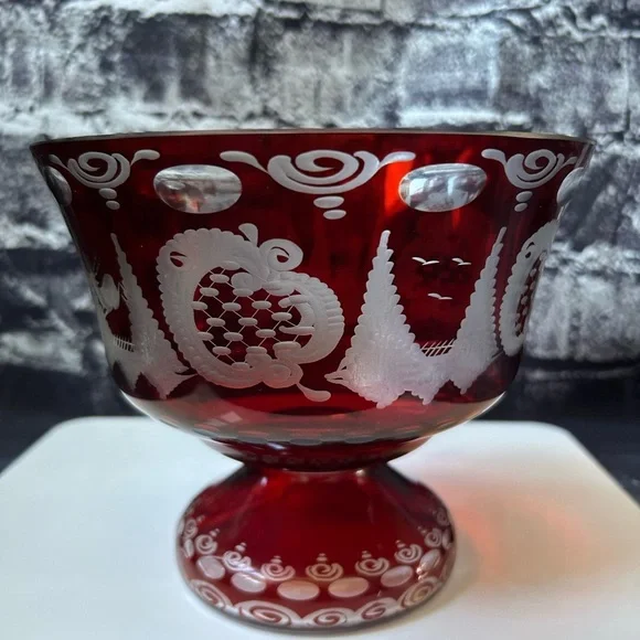 Egermann Czech Republic Bohemian Ruby Red Footed Compote Bowl - Picture 5 of 8